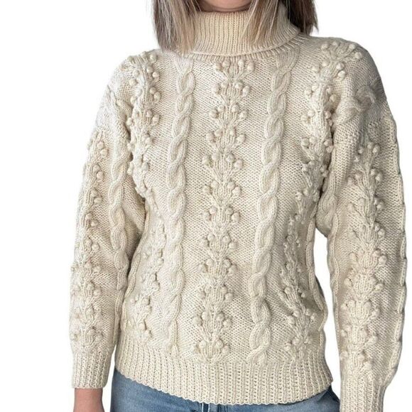 Vintage Hand Knit White Wool Chunky Fisherman Turtleneck Bobble Sweater Sz M - Picture 6 of 10